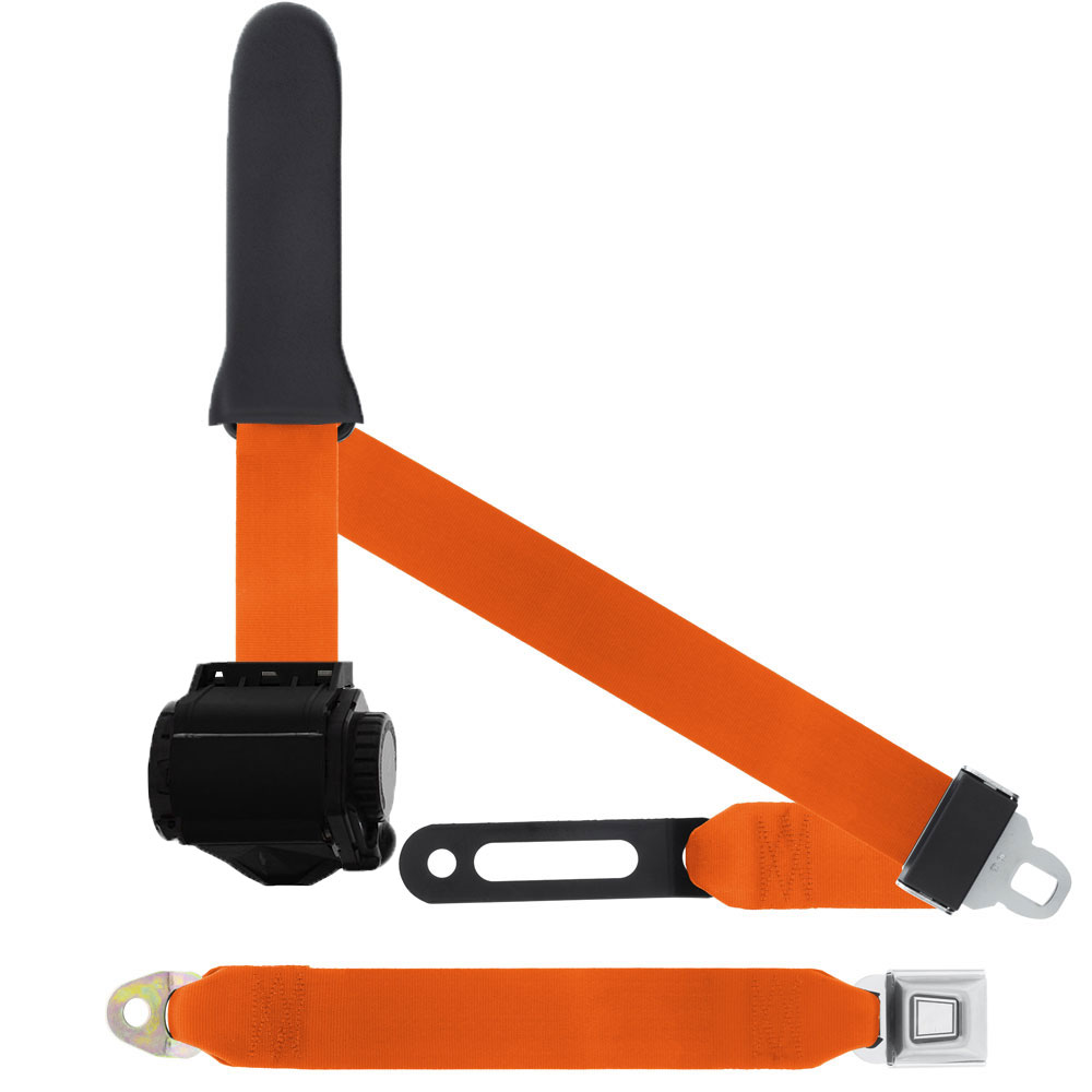3 Pt Seat Belt, Metal Push Button, Soft Sash, Orange