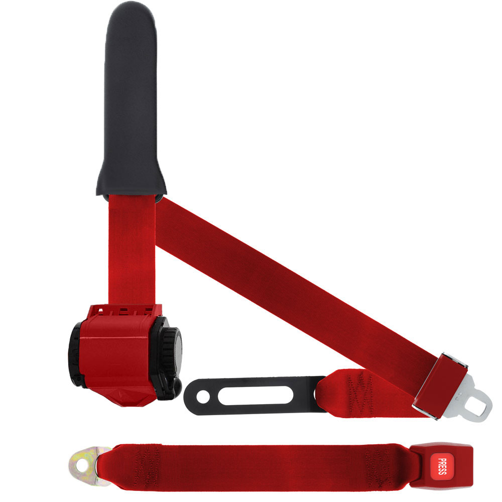 3 Point Seat Belt, Plastic Push Button, Soft Sash, Red