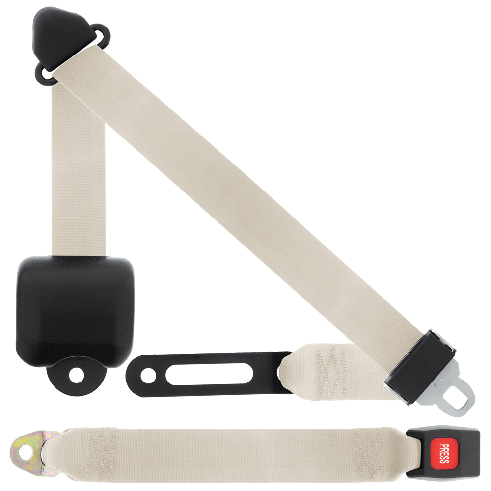 3 Pt Seat Belt, Push Button, Large Retractor, Ivory